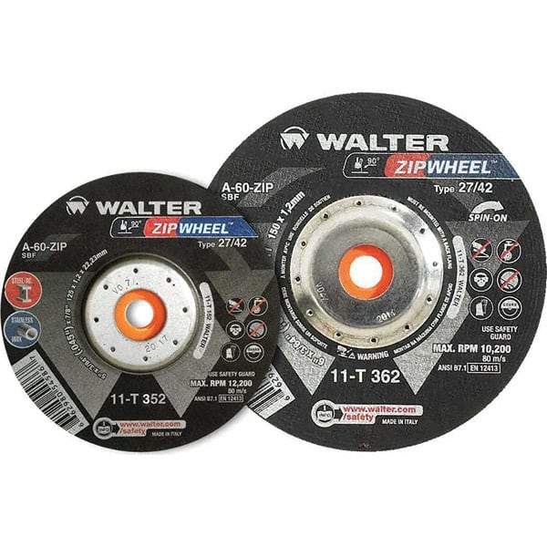 WALTER Surface Technologies - 60 Grit, 5" Wheel Diam, 3/64" Wheel Thickness, Type 27 Depressed Center Wheel - Resinoid Bond, 12,200 Max RPM - A1 Tooling