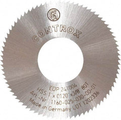 Controx - 1" Diam x 0.012" Blade Thickness x 3/8" Arbor Hole Diam, 80 Tooth Slitting and Slotting Saw - Arbor Connection, Right Hand, Uncoated, High Speed Steel, Concave Ground - A1 Tooling