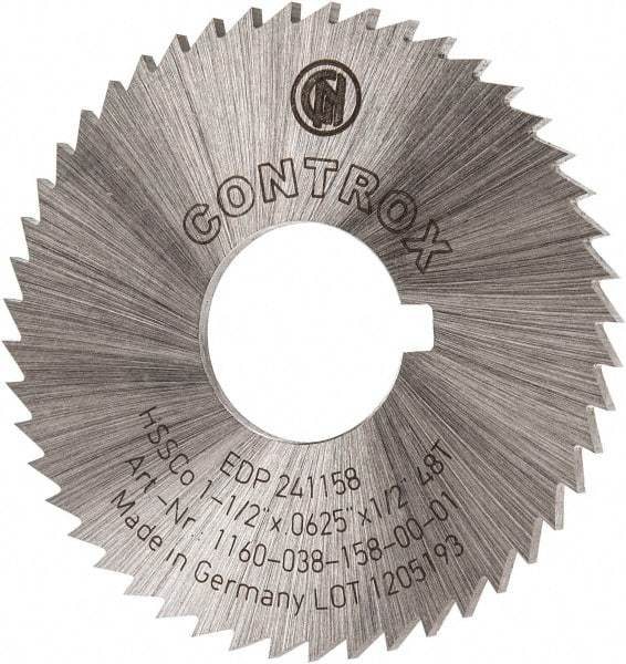 Controx - 1-1/2" Diam x 1/16" Blade Thickness x 1/2" Arbor Hole Diam, 48 Tooth Slitting and Slotting Saw - Arbor Connection, Right Hand, Uncoated, Cobalt, Concave Ground, Contains Keyway - A1 Tooling