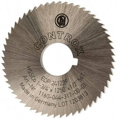 Controx - 1-3/4" Diam x 1/8" Blade Thickness x 1/2" Arbor Hole Diam, 56 Tooth Slitting and Slotting Saw - Arbor Connection, Right Hand, Uncoated, Cobalt, Concave Ground, Contains Keyway - A1 Tooling