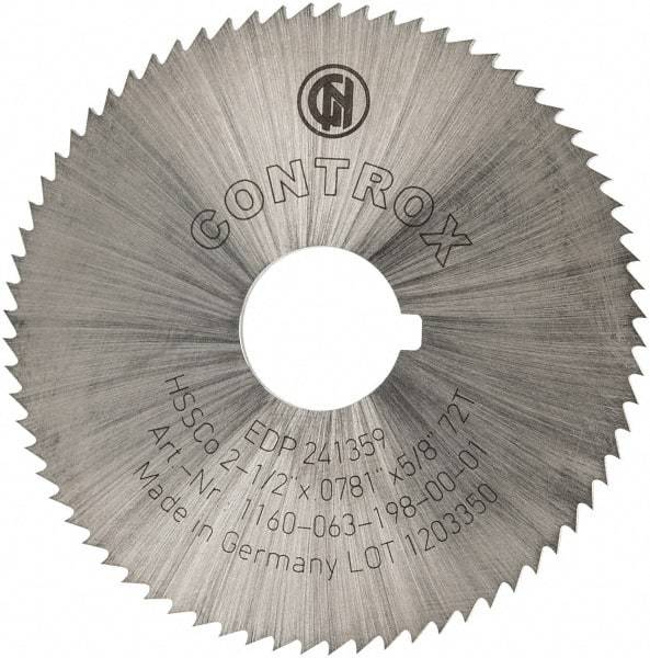 Controx - 2-1/2" Diam x 0.0781" Blade Thickness x 5/8" Arbor Hole Diam, 72 Tooth Slitting and Slotting Saw - Arbor Connection, Right Hand, Uncoated, Cobalt, Concave Ground, Contains Keyway - A1 Tooling