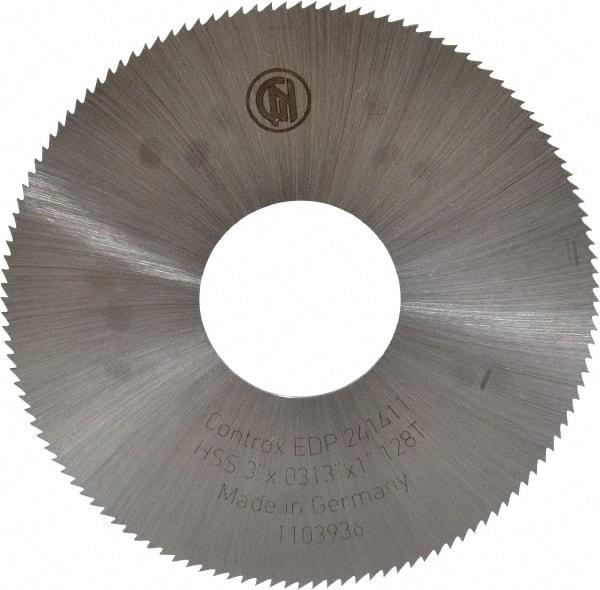 Controx - 3" Diam x 0.0313" Blade Thickness x 1" Arbor Hole Diam, 128 Tooth Slitting & Slotting Saw - Arbor Connection, Right Hand, Uncoated, M2 High Speed Steel, Concave Ground - A1 Tooling