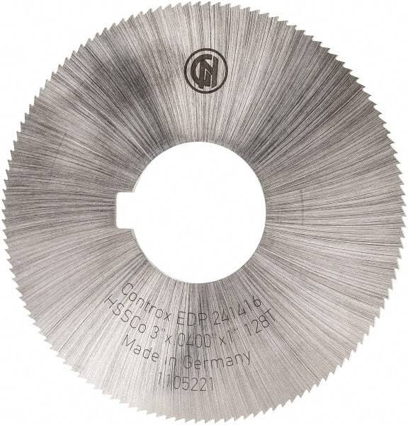 Controx - 3" Diam x 0.04" Blade Thickness x 1" Arbor Hole Diam, 128 Tooth Slitting and Slotting Saw - Arbor Connection, Right Hand, Uncoated, Cobalt, Concave Ground, Contains Keyway - A1 Tooling