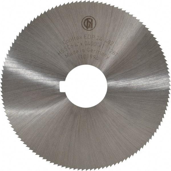 Controx - 4" Diam x 0.04" Blade Thickness x 1" Arbor Hole Diam, 128 Tooth Slitting and Slotting Saw - Arbor Connection, Right Hand, Uncoated, Cobalt, Concave Ground, Contains Keyway - A1 Tooling