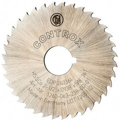 Controx - 2-1/2" Diam x 0.0938" Blade Thickness x 5/8" Arbor Hole Diam, 36 Tooth Slitting and Slotting Saw - Arbor Connection, Right Hand, Uncoated, Cobalt, 15° Rake, Concave Ground, Contains Keyway - A1 Tooling