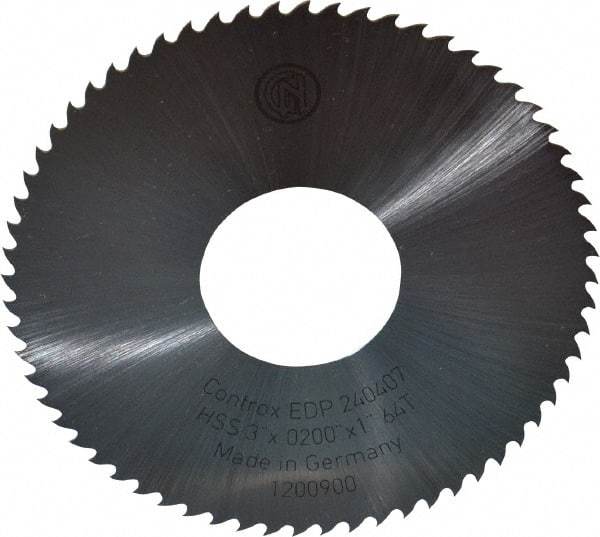 Controx - 3" Diam x 0.02" Blade Thickness x 1" Arbor Hole Diam, 64 Tooth Slitting and Slotting Saw - Arbor Connection, Right Hand, Uncoated, High Speed Steel, 15° Rake, Concave Ground - A1 Tooling