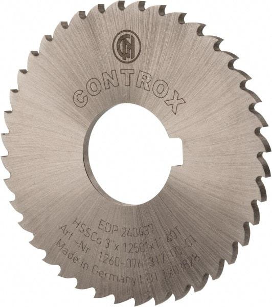 Controx - 3" Diam x 1/8" Blade Thickness x 1" Arbor Hole Diam, 40 Tooth Slitting and Slotting Saw - Arbor Connection, Right Hand, Uncoated, Cobalt, 15° Rake, Concave Ground, Contains Keyway - A1 Tooling