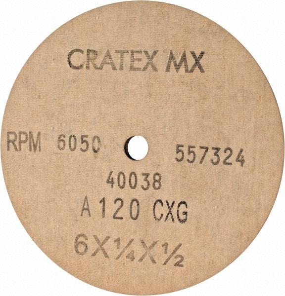 Cratex - 6" Diam x 1/2" Hole x 1/4" Thick, 120 Grit Surface Grinding Wheel - Aluminum Oxide, Type 1, Fine Grade, 6,050 Max RPM, No Recess - A1 Tooling