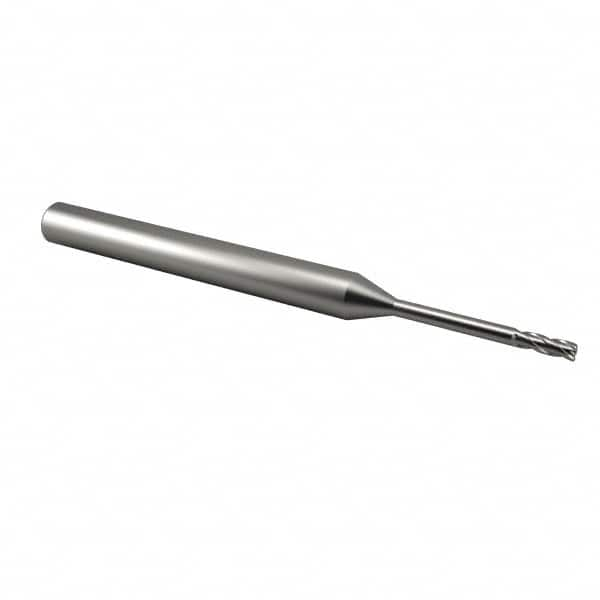 Accupro - 1/16", 0.186" LOC, 1/8" Shank Diam, 1-1/2" OAL, 4 Flute, Solid Carbide Square End Mill - Single End, Uncoated, Spiral Flute, 30° Helix, Centercutting, Right Hand Cut, Right Hand Flute, Series Miniature - A1 Tooling