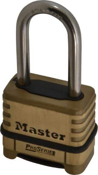 Master Lock - 2-1/4" Body Width x 2" Body Height, 2.094" Shackle Clearance, Brass Body & Stainless Steel Combination Lock - 5/16" Shackle Diam - A1 Tooling