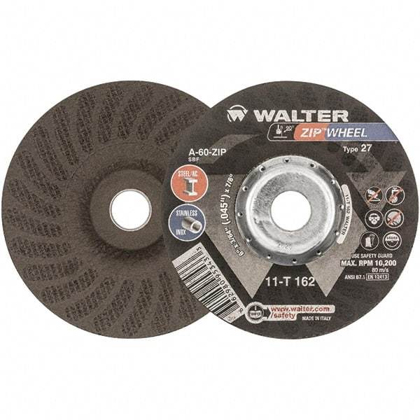 WALTER Surface Technologies - 60 Grit, 6" Wheel Diam, 3/64" Wheel Thickness, 7/8" Arbor Hole, Type 27 Depressed Center Wheel - Aluminum Oxide, Resinoid Bond, 10,200 Max RPM - A1 Tooling