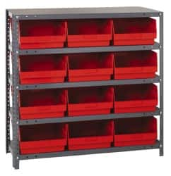 Quantum Storage - 12 Bin Store-More Shelf Bin System - 36 Inch Overall Width x 18 Inch Overall Depth x 39 Inch Overall Height, Red Polypropylene Bins - A1 Tooling