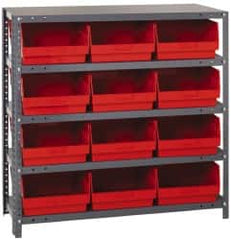 Quantum Storage - 12 Bin Store-More Shelf Bin System - 36 Inch Overall Width x 12 Inch Overall Depth x 39 Inch Overall Height, Red Polypropylene Bins - A1 Tooling