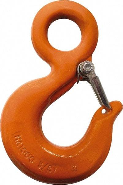 CM - Chain Grade 100, 8,800 Lbs. Load Limit Eye Rigging Hook with Latch - 1.19 Inch Hook Throat, 4.67 Inch Reach, 1-1/4 Inch Eye Inside Diameter, 3/8 Inch Chain Diameter, 6.55 Inch Overall Length, 0.63 Inch Eye Thickness - A1 Tooling