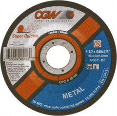 Camel Grinding Wheels - 60 Grit, 4-1/2" Wheel Diam, Type 27 Depressed Center Wheel - Medium Grade, Aluminum Oxide, Resinoid Bond, T Hardness, 13,300 Max RPM - A1 Tooling