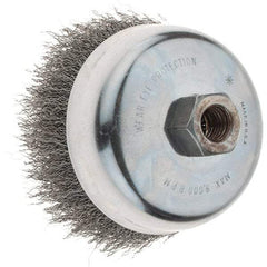 Weiler - 4" Diam, 5/8-11 Threaded Arbor, Steel Fill Cup Brush - 0.014 Wire Diam, 1-3/8" Trim Length, 9,000 Max RPM - A1 Tooling