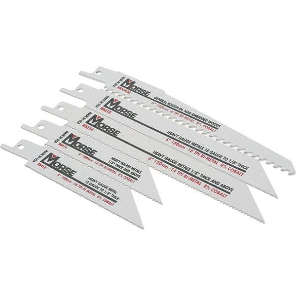 M.K. MORSE - 5 Pieces, 4" to 6" Long x 0.035" to 0.05" Thickness, Bi-Metal Reciprocating Saw Blade Set - Tapered Profile, 10 to 18 Teeth, Toothed Edge - A1 Tooling