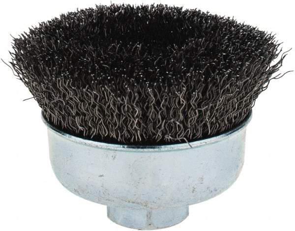 Weiler - 3" Diam, 5/8-11 Threaded Arbor, Steel Fill Cup Brush - 0.014 Wire Diam, 7/8" Trim Length, 14,000 Max RPM - A1 Tooling