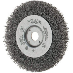 Weiler - 4" OD, 1/2" Arbor Hole, Crimped Steel Wheel Brush - 1/2" Face Width, 13/16" Trim Length, 0.014" Filament Diam, 6,000 RPM - A1 Tooling