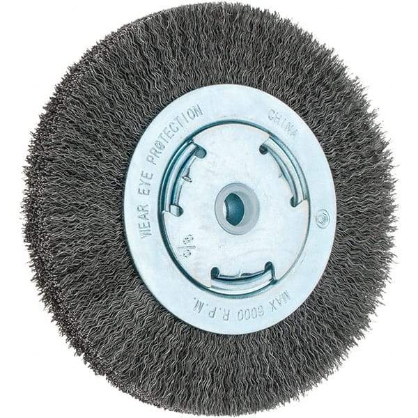 Weiler - 6" OD, 5/8" Arbor Hole, Crimped Steel Wheel Brush - 1-1/8" Face Width, 1-1/8" Trim Length, 0.014" Filament Diam, 6,000 RPM - A1 Tooling