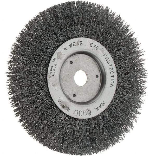 Weiler - 6" OD, 5/8" Arbor Hole, Crimped Steel Wheel Brush - 3/4" Face Width, 1-1/8" Trim Length, 0.014" Filament Diam, 6,000 RPM - A1 Tooling