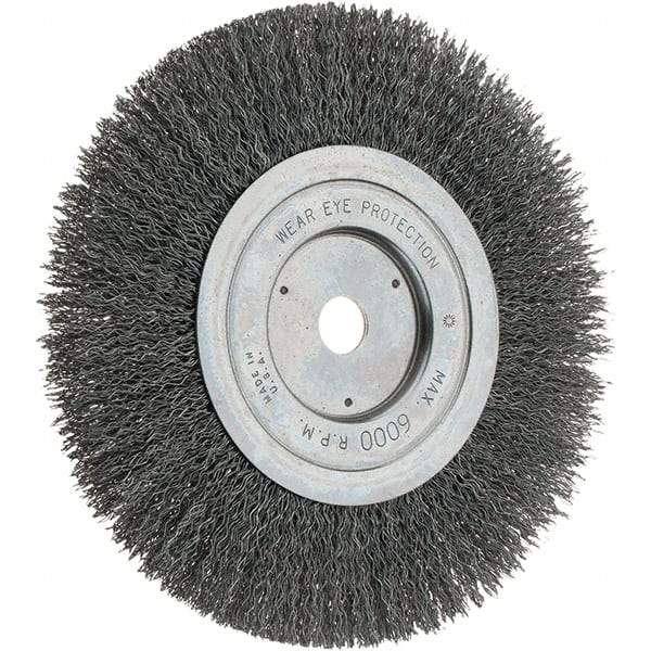 Weiler - 7" OD, 5/8" Arbor Hole, Crimped Steel Wheel Brush - 1" Face Width, 2" Trim Length, 0.014" Filament Diam, 6,000 RPM - A1 Tooling