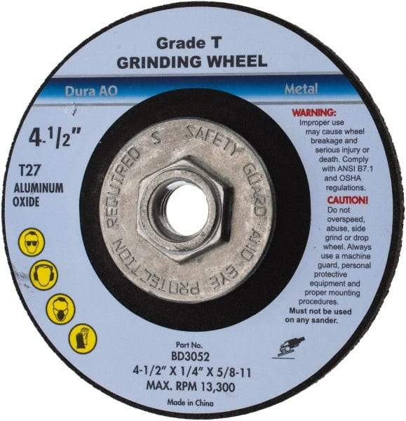 Value Collection - 24 Grit, 4-1/2" Wheel Diam, 1/4" Wheel Thickness, Type 27 Depressed Center Wheel - Aluminum Oxide, U Hardness, 13,300 Max RPM - A1 Tooling