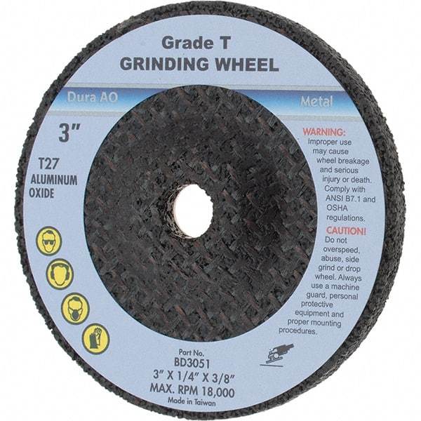 Value Collection - 3" Wheel Diam, 1/4" Wheel Thickness, 3/8" Arbor Hole, Type 27 Depressed Center Wheel - Aluminum Oxide, 18,000 Max RPM - A1 Tooling