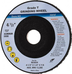 Value Collection - 24 Grit, 4-1/2" Wheel Diam, 1/4" Wheel Thickness, 7/8" Arbor Hole, Type 27 Depressed Center Wheel - Aluminum Oxide, U Hardness, 13,300 Max RPM - A1 Tooling