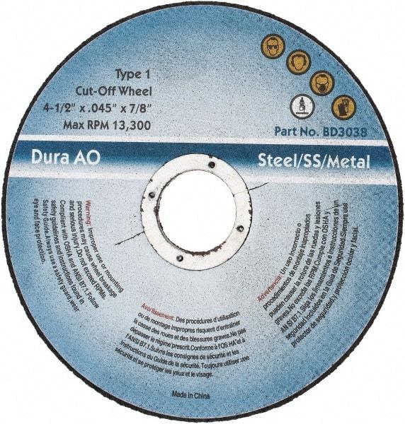 Value Collection - 4-1/2" 60 Grit Aluminum Oxide Cutoff Wheel - 0.045" Thick, 7/8" Arbor, 13,300 Max RPM - A1 Tooling