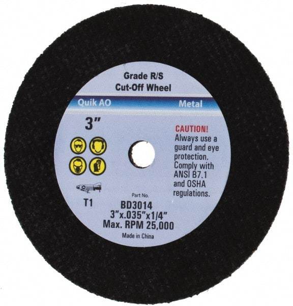 Value Collection - 3" Aluminum Oxide Cutoff Wheel - 0.035" Thick, 1/4" Arbor, 25,450 Max RPM - A1 Tooling