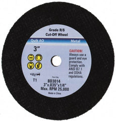 Value Collection - 3" Aluminum Oxide Cutoff Wheel - 0.035" Thick, 1/4" Arbor, 25,450 Max RPM - A1 Tooling