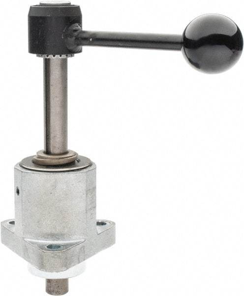 De-Sta-Co - 9,000 N Capacity, M8 Plunger, 16mm Plunger Diam, Flange Mt, One Hand, Hand Lever Actuation, Variable Stroke Straight Line Action Clamp - 60mm Max Rapid Stroke, 4mm Max Clamping Stroke, 9mm Mt Hole Diam, 73mm Overall Height, 196mm OAL - A1 Tooling