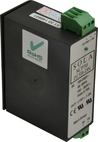 Sola/Hevi-Duty - 30 Watt, 1 Amp, 264 VAC, 375 VDC Input, +15/ to 15 VDC Output, Chassis, DIN Rail Power Supply - Exact Industrial Supply