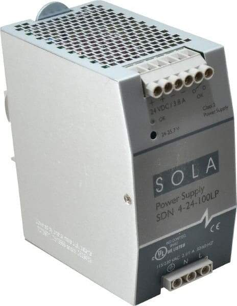 Sola/Hevi-Duty - 92 Watt, 3.8 Amp, 230 VAC Input, 24 VDC Output, DIN Rail Power Supply - 2.56 Inch Wide x 4.55 Inch Deep x 4.88 Inch High, Up to 88% Efficiency, 14 to 140°F, Green LED - A1 Tooling