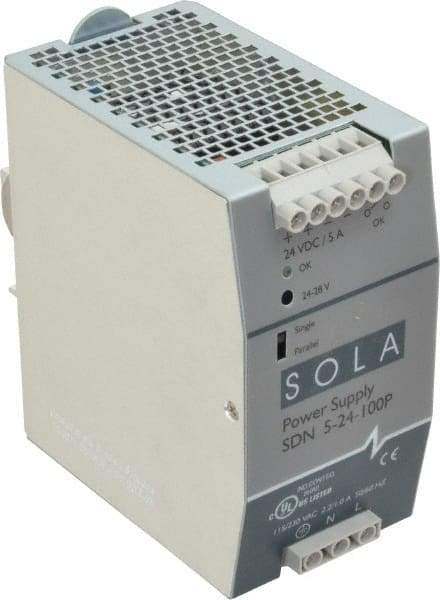 Sola/Hevi-Duty - 120 Watt, 5 Amp, 230 VAC Input, 24 VDC Output, DIN Rail Power Supply - 2.56 Inch Wide x 4.55 Inch Deep x 4.88 Inch High, Up to 88% Efficiency, 14 to 140°F, Green LED - A1 Tooling