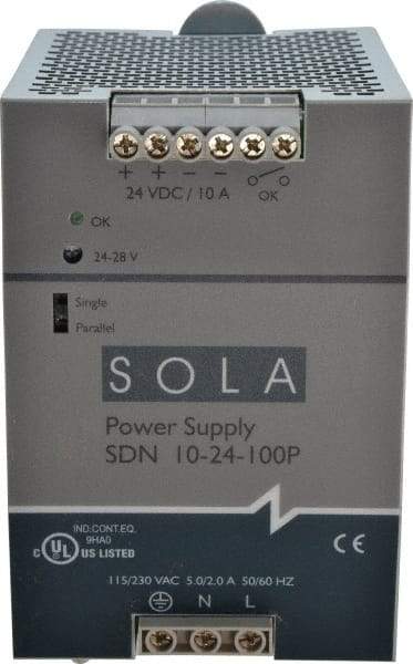 Sola/Hevi-Duty - 240 Watt, 10 Amp, 230 VAC Input, 24 VDC Output, DIN Rail Power Supply - 3.26 Inch Wide x 4.55 Inch Deep x 4.88 Inch High, Up to 88% Efficiency, 14 to 140°F, Green LED - A1 Tooling