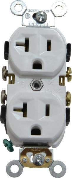 Leviton - 125 VAC, 20 Amp, 5-20R NEMA Configuration, White, Specification Grade, Self Grounding Duplex Receptacle - 1 Phase, 2 Poles, 3 Wire, Flush Mount, Tamper Resistant - A1 Tooling