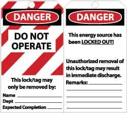 NMC - 3" High x 6" Long, DANGER - DO NOT OPERATE - THIS LOCK/TAG MAY ONLY BE REMOVED BY: NAME___ DEPT___ EXPECTED COMPLETION___, English Safety & Facility Lockout Tag - Tag Header: Danger, 2 Sides, Black, Red & White Unrippable Vinyl - A1 Tooling