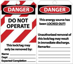 NMC - 3" High x 6" Long, DANGER - DO NOT OPERATE - THIS LOCK/TAG MAY ONLY BE REMOVED BY: NAME___ DEPT___ EXPECTED COMPLETION___, English Safety & Facility Lockout Tag - Tag Header: Danger, 2 Sides, Black, Red & White Unrippable Vinyl - A1 Tooling