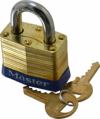 Master Lock - 3/4" Shackle Clearance, Keyed Different Laminated Brass Padlock - 9/32" Shackle Diam, Brass - A1 Tooling