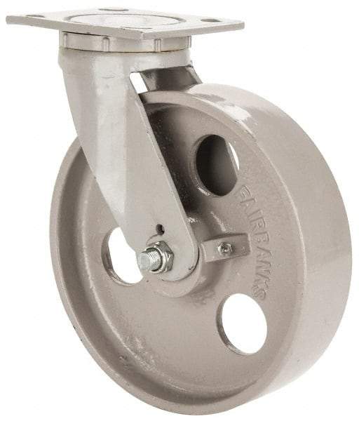 Fairbanks - 8" Diam x 2" Wide x 9-1/2" OAH Top Plate Mount Swivel Caster - Semi-Steel, 1,200 Lb Capacity, Roller Bearing, 4 x 4-1/2" Plate - A1 Tooling