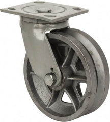 Fairbanks - 6" Diam x 2" Wide, V Groove Metal Swivel Caster - 1,200 Lb Capacity, Top Plate Mount, 4" x 4-1/2" Plate, Roller Bearing - A1 Tooling