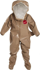 Encapsulated Suit: Size L, ASTM D1777, ASTM D3776, ASTM D3787, ASTM D5034 & OSHA 16 CFR 1610, Tan, Tychem 18mm Tychem CPF 3, Attached Hood, Taped Seams, Elastic Wrists & Ankles, Bib Overalls