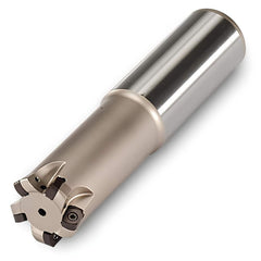 Indexable High-Feed End Mill: 1″ Cut Dia, 0.9843″ Cylindrical Shank Uses 4 UNLU Inserts, 0.043″ Max Depth, 7″ OAL, Through Coolant