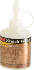 3M - 1 oz Bottle Yellow Instant Adhesive - Series CA40, 3 to 20 sec Fixture Time, 24 hr Full Cure Time, Bonds to Cardboard, Cork Board, Fabric, Fiberglass, Foam, Metal, Plastic, Rubber & Vinyl - A1 Tooling