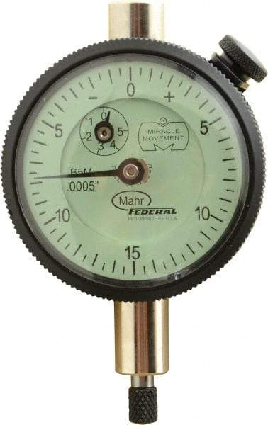 Mahr - 0.075" Range, 0-15-0 Dial Reading, 0.0005" Graduation Dial Drop Indicator - 1-3/4" Dial, 0.03" Range per Revolution, 0.0005" Accuracy, Revolution Counter - A1 Tooling