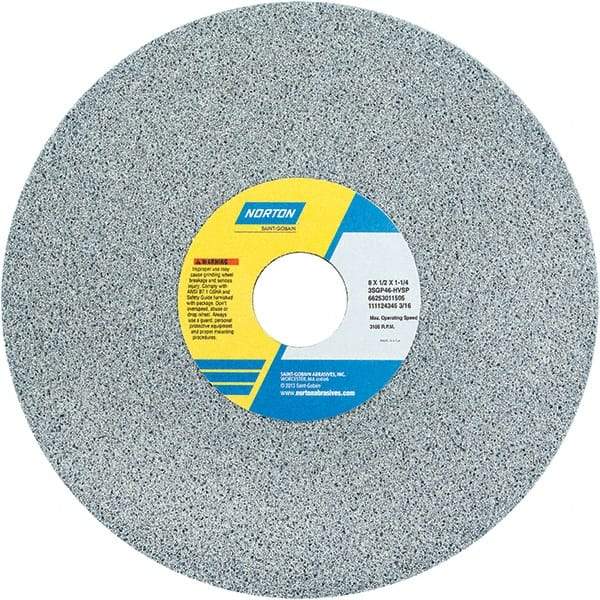 Norton - 8" Diam x 1-1/4" Hole x 1/2" Thick, H Hardness, 46 Grit Surface Grinding Wheel - Ceramic, Type 1, Coarse Grade, 3,105 Max RPM - A1 Tooling