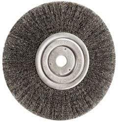 Weiler - 8" OD, 3/4" Arbor Hole, Crimped Steel Wheel Brush - 1/2" Face Width, 2-1/16" Trim Length, 0.0118" Filament Diam, 6,000 RPM - A1 Tooling