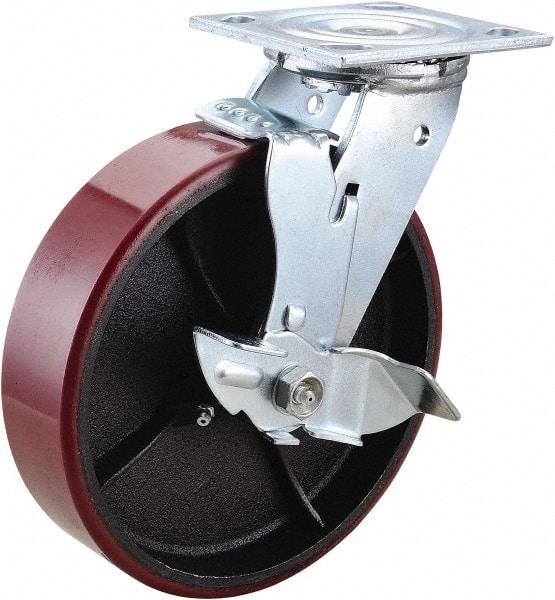 Value Collection - 8" Diam x 2" Wide x 9-1/2" OAH Top Plate Mount Swivel Caster with Brake - Polyurethane, 1,200 Lb Capacity, Roller Bearing, 4 x 4-1/2" Plate - A1 Tooling